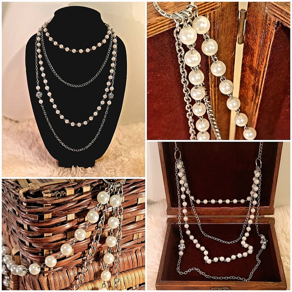 Multi-chain and pearl silver necklace
